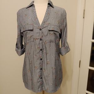 NY&Co Floral Pinstripe Blouse Large Button Front Shirt Roll Tab Sleeve Workwear